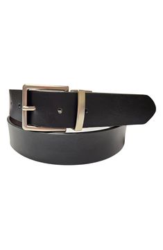 A sleek buckle adds a polished finish to a reversible belt crafted from smooth leather. 35mm Leather Imported Black Leather Belt Buckle With Metal Pin, Black Leather Belt Buckles With Metal Pin, Classic Black Belt With Metal Pin Buckle, Classic Leather Belt With Metal Pin Buckle, Classic Belt Buckle With Metal Pin For Business, Leather Belt With Buckle Closure For Office, Classic Business Belt Buckle With Metal Pin, Leather Belts With Buckle Closure For Office, Classic Belt Buckles With Metal Pin Buckle