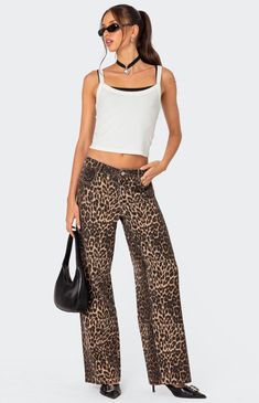 Edikted Leopard Printed Low Rise Pants | PacSun Tank Top Layered, Womens Low Rise Jeans, Womens White Jeans, Visionary Fashion, School List, Low Rise Pants, Black Jeans Women, Summer Closet, Jeans Low Rise