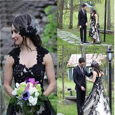 the bride and groom are dressed up for their outdoor wedding ceremony in black and white