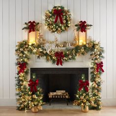 a fireplace decorated for christmas with wreaths and lights