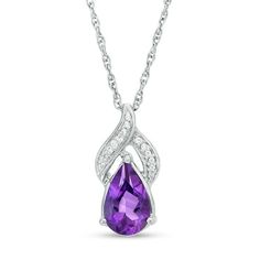 Appeal to her sophisticated taste with this exciting gemstone pendant. Created in sterling silver, this graceful look showcases a 9.0 x 6.0mm pear-shaped bright purple amethyst beneath a flame-inspired design of overlapping ribbons adorned with sparkling diamond accents and beaded detailing. Buffed to a brilliant luster, this pendant suspends along an 18.0-inch rope chain that secures with a spring-ring clasp. Purple Teardrop Gemstone Necklace, Pear-shaped Amethyst Jewelry As Gift, Teardrop Amethyst Necklace For Formal Occasions, Elegant Purple Teardrop Pendant Jewelry, Purple Pear-shaped Gemstone Jewelry, Elegant Pear-shaped Purple Jewelry, Formal Teardrop Amethyst Necklace, Teardrop Amethyst Necklaces With Gemstone Accents, Elegant Purple Pear-shaped Jewelry