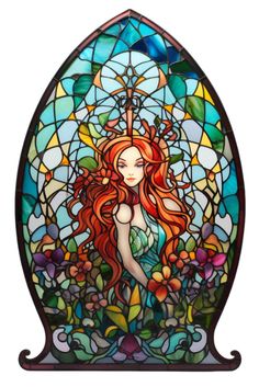 a stained glass window with a woman in it