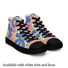 Elevate your style with our women's high top sneakers featuring a hippy flower print, perfect for casual wear and athleisure. These women's canvas sneakers make a unique gift idea, combining comfort and vibrant design for an eye-catching look. ⛅️ 100% polyester canvas upper side ⛅️  Ethylene-vinyl acetate (EVA) rubber outsole ⛅️ Breathable lining, soft insole ⛅️  Faux leather toe cap ⛅️  Padded collar, lace-up front YOU MIGHT ALSO LIKE ⛅️ YOGA CAPRI SEAWEED PRINT  https://throughthecloud.etsy.co Trendy High-top Sneakers With Rubber Sole For Spring, Spring High-top Sneakers For Streetwear With Speckled Midsole, High-top Sneakers With Speckled Midsole For Spring Streetwear, Spring Streetwear High-top Sneakers With Speckled Midsole, Spring High-top Sneakers, Comfortable High-top Sneakers With Rubber Sole For Spring, Casual Summer High-top Sneakers With Round Toe, Casual High-top Sneakers With Round Toe For Summer, Spring High-top Sneakers With Vulcanized Sole