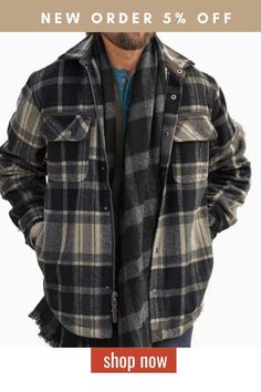 Men's Vintage Lapel Zip Up Grey Plaid Flannel Shirt Jacket Winter Plaid, Pockets Fashion, Grey Plaid, Denim Jacket Men, Plaid Flannel Shirt, Mens Outerwear, Men Winter, Plaid Flannel, Mens Denim