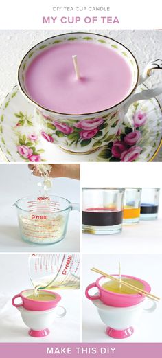 the instructions for making teacup candles are shown in three different pictures, including one with a