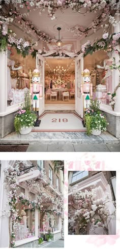 the entrance to a store decorated with flowers and greenery in pink, white and green