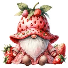 a painting of a gnome with strawberries on his face and hat, sitting in front of a white background