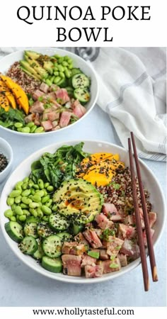 two white bowls filled with different types of food and chopsticks next to each other