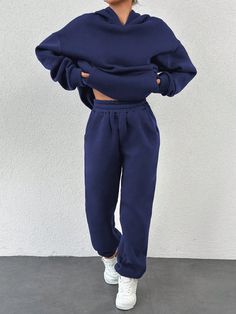 Kangaroo Pocket Drop Shoulder Hoodie And Sweatpants Two Piece Set Navy Blue Casual    Plain  Non-Stretch  Women Clothing, size features are:Bust: ,Length: ,Sleeve Length: Royal Blue Sweatpants Outfit, Sweat Sets Women, Two Piece Sweat Suit Outfit, Navy Blue Sweatpants Outfit, Navy Sweatpants Outfit, Hoodies And Sweatpants Outfit, Sweatpants And Hoodie Outfit, Aritzia Sweatsuit, Navy Blue Clothes