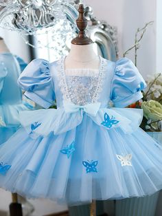 Light Blue Fitted Princess Dress, Light Blue Fitted Princess Dress For Dress-up, Light Blue Fitted Princess Dress For Party, Fitted Light Blue Princess Dress For Party, Party Light Blue Fitted Princess Dress, Blue Summer Dress For Costume Party, Cute Blue Party Dresses, Summer Costume Dress With Short Sleeves, Long Sleeve Summer Birthday Dress