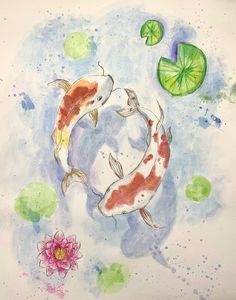 two koi fish swimming in a pond with lily pads