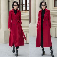 Rock the winter season with elegance and warmth in our red Wool Trench! With an overall A-line fit, the long version is even warmer in winter! This chic coat is designed with high-quality British Wool to ensure you stay warm and look stylish. DETAIL * 50% wool blend, 50% fiber,nylon *  Matching satiny lining *  Double breasted, Button closure *  Two side seam pockets *  Notch lapel *  Calf length *  Fit and flare Silhouette *  Self belt waist *  Fit for autumn-to-winter *  A Line wool coat *  This is Xiaolizi for the wonderful coat!! *  Dry clean only MODEL SIZE Bust 85 cm(33.4") Waist 67 cm(26.7") Height 168cm (5' 6") She wears size XS Choose CUSTOM Order if you * Need a better fit * Can't find your size in our size Chart * Change the Style * Chang the Length * Your Height is not Between Elegant Red Long Pea Coat, Elegant Long Red Pea Coat, Elegant Red Winter Outerwear, Elegant Red Single Breasted Pea Coat, Elegant Red Single-breasted Pea Coat, Red Long-sleeved Wool Coat For Winter, Red Double-breasted Wool Coat For Winter, Red Single Breasted Pea Coat For Winter, Red Single-breasted Wool Coat For Fall