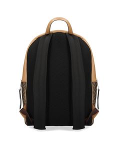 45% Cotton, 40% Polyurethane, 15% Polyester Luxury Coated Canvas Leather Backpack With Zipper, Designer Brown Backpack For School, Designer Backpack With Leather Trim, Designer Leather Backpack With Zipper, Designer Backpack With Leather Backing, Designer Brown Backpack With Zipper Closure, Brown Coated Canvas Backpack With Zipper Closure, Modern Backpack With Leather Trim And Coated Canvas, Classic Coated Canvas Backpack With Zipper