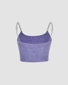 Details: Lilac ribbed crop top with chain design and detailed butterfly at frontLength: CroppedSleeve Length: SleevelessMaterials: 95% Cotton + 5% Spandex Top With Chain, Detailed Butterfly, Wedding Cardigan, Bodycon Tops, Ribbed Crop Top, Chain Design, Crop Top Blouse, Cami Top, Cami Tops