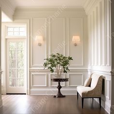 a living room with white walls and wood floors