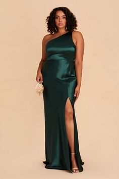 Kira One-Shoulder Satin Dress - Emerald | Birdy Grey Emerald Green Bridesmaid Dresses Satin, Emerald Bridesmaid Dress, Emerald Bridesmaid, Peacock Bridesmaid Dresses, Emerald Green Bridesmaid Dresses, Bridesmaid Gown Chiffon, Orange Bridesmaid, Grecian Dress, Bridesmaid Dresses Under 100