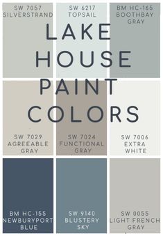 the color scheme for lake house paint colors is shown in shades of gray, blue and white