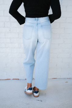 Ice denim pants Adjustable high waistline Button fly closure Cropped bottom Relaxed fit 92% Cotton, 8% Polyester Model is 5'4" with a 25" waist and 38" hips wearing a size small. Size recs: S 2-4 M 6 L 8-10 25" inseam High Waist Washed Flare Jeans In Rigid Denim, High Waist Washed Rigid Denim Flare Jeans, Trendy Medium Wash Jeans With Button Closure, Trendy Medium Wash Jeans With Belt Loops, Fall Washed Blue Bottoms With Button Closure, Washed Blue Rigid Denim Jeans With Button Closure, Mom Fit Rigid Denim Bottoms With Tapered Leg, Spring Mid-rise Washed Pants, Trendy High Waist Cargo Jeans With Button Closure