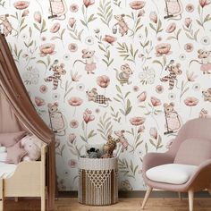 a child's room with floral wallpaper and teddy bears in the corner,