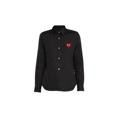 Comme des Garçons Play poplin shirt punctuated with heart logo patch and pearlescent buttons  Spread collar; button front Long sleeves; button cuffs Relaxed fit Curved hem Hip length Cotton Made in Japan Designer Button-up Shirt With Button Closure, Designer Spread Collar Tops With Buttons, Designer Tops With Buttons And Spread Collar, Designer Cotton Button-up Tops, Designer Button-up Shirt With Placket, Designer Cotton Button-up Shirt, Designer Collared Shirt, Cdg Play, Heart Logo