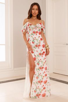 Length from shoulder to hem of size S: approx. 150cm.  Chest: 39cm, Waist: 36cm, across front only of size S.  Maxi dress.  Lined.  Model is a standard XS and is wearing size XS.  True to size.  Non-stretch.  Flowy.  Off-the-shoulder sleeves.  Split to skirt.  Print placement may vary.  Zipper with hook eye closure.  Cold hand wash only.  Polyester/Spandex.           Please Note: This product is a nidebeibao Exclusive.            For endless romance, style the nidebeibao Rose Reverie Off Shoulder Maxi Dress. Featuring an off-the-shoulder design, a gorgeous flowy silhouette and a split to the skirt. Style with heels for a fancy event and impress. Skirt Print, Maxi Dress White, Prom Shopping, Off Shoulder Maxi Dress, Print Placement, Pink Mini Dresses, White Maxi Dresses, Shop Maxi Dresses, Hook Eye