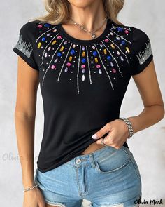 Olivia Mark - Sparkling Crystal Embellished T-Shirt with Colorful Rhinestones Black Rhinestone T-shirt For Party, Embellished Graphic Tee With Short Sleeves, Casual Rhinestone Crew Neck Top, Casual Crew Neck Top With Rhinestones, Casual Crew Neck T-shirt With Rhinestones, Party Tops With Rhinestones And Crew Neck, Casual Party Tops With Rhinestones, Party Crew Neck Tops With Rhinestones, Rhinestone Graphic Tee With Crew Neck