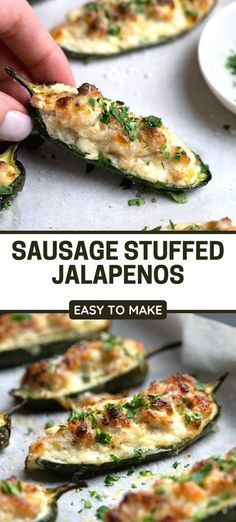 an image of sausage stuffed jalapenos on a baking sheet with text overlay