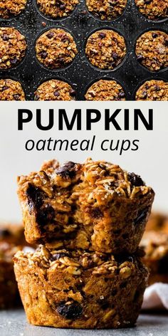 pumpkin oatmeal cups stacked on top of each other with text overlay