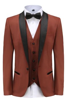 Bring understated elegance to the table in this three-piece tuxedo crafted from rich fabric in a classic single-breasted silhouette. Jacket has notched lapels; chest welt pocket; front welt pockets Vest has front button closure; V-neck Pants have zip fly with button closure; front slant pockets; back button-welt pockets Jacket and vest are lined; trousers are lined to the knee 65% polyester, 35% viscose Dry clean Imported Fitted Brown Tuxedo Blazer, Fitted Brown Formal Sets, Classic Brown Three-piece Suit For Formal Occasions, Elegant Brown Tuxedo In Suiting Fabric, Brown Three-piece Suit For Formal Occasions, Formal Brown Three-piece Suit, Formal Brown Suiting Fabric Set, Brown Formal Suiting Fabric Set, Elegant Brown Wedding Blazer