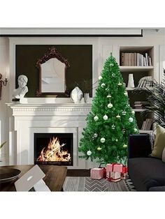 a living room with a christmas tree in the corner