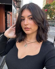 20 Bob Haircuts For Round Faces Trending On Instagram Long Bob Round Face Straight, Short Textured Layered Haircuts, Mid Size Short Hair, Short Hair Above Shoulder Straight, Short Dark Hair Curtain Bangs, Dark Brown Short Hair With Curtain Bangs, Short Thick Hair Round Face, Short Haircut Brown Hair, Short Layered Haircuts Shoulder Length Round Face