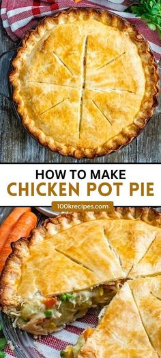 chicken pot pie on a plate with carrots and celery