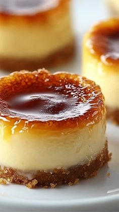 three desserts on a white plate with chocolate sauce