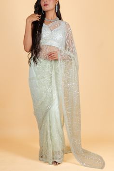 Experience luxury and elegance with our Net designer Saree in a stunning green hue. Adorned with intricate sequin work, this saree is a masterpiece of skilled craftsmanship. Its lightweight and delicate net fabric adds a touch of sophistication, making it the perfect choice for any special occasion. Net designer Saree with sequin work - green Saree comes with a blouse piece. Fall and pico done. Fully stitched blouse shown in pictures is optional and can be purchased seperately from our blouses and croptops section. For saree video please connect with us on whatsapp @469-937-0606 Ready to be shipped in USA from San Diego, California. All pictures are original pictures. Colors may slightly vary due to pic resolution. Net Designer Saree, Farewell Sarees, Green Saree, Net Fabric, Designer Saree, San Diego California, Blouse Piece, Saree Designs, San Diego