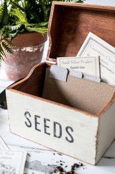 a wooden box filled with seed packets next to a potted plant on top of a table