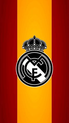 the real madrid logo on an orange and red striped background with a crown above it