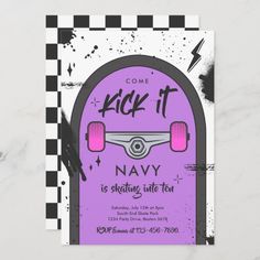 a purple skateboard birthday party card with black and white checkered border on the front