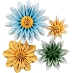 four different colored paper flowers are shown in this image, one is yellow and the other is blue