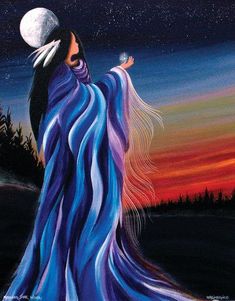 a painting of a woman with her arms outstretched in front of the night sky and stars