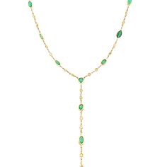 14K Yellow Gold Diamond: 0.30 CT Weight Emerald: 2.24 CT Weight 18-20" Adjustable Chain, 3" Drop Custom Clasp Green Lariat Jewelry For Formal Occasions, Formal Green Lariat Jewelry, Luxury Lariat Gemstone Necklace, Yellow Gold Single Strand Lariat Necklace, Yellow Gold Lariat Chain Necklace With 17 Jewels, Elegant Yellow Gold Lariat Necklace With Gemstone, Yellow Gold Lariat Backdrop Necklace For Formal Occasions, Luxury 14k Gold Lariat Necklace, Gold Lariat Necklace