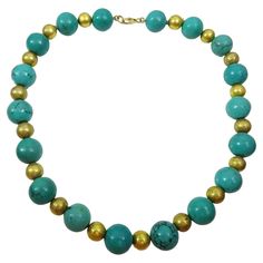 This very striking and elegant necklace was put together in our Jerusalem workshop , 14 mm round Chinese Turquoise of superior quality enhanced by 9 mm round 18 karat Gold wax beads create this unique and extremely wearable composition, The Necklace can be resized upon demand before shipping Length of Necklace - 16 inches ( 41 cm ) Size of Turquoise - 14 mm Round Gold Beads - 9 mm round Luxury Turquoise Round Necklaces, Luxury 22k Gold Round Bead Necklaces, Luxury Gold Plated Jewelry With Round Beads, Wax Beads, Artisan Bracelets, Elegant Necklace, Elegant Necklaces, Short Necklace, Beads Necklace