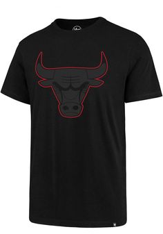 a black bulls t - shirt with the chicago bulls on it's chest and red outline