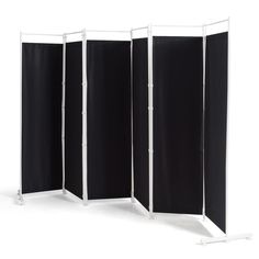 four - panel room divider with white frame and black fabric, on a white background