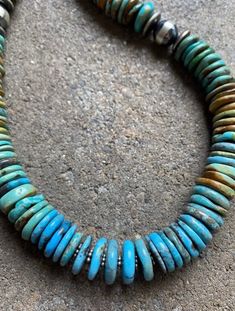 Long Sterling Silver Blue Green Turquoise Bead Necklace. 24 inch Turquoise Jewelry With Round Natural Stone Beads, Turquoise Gemstone Beads Jewelry, Blue Beaded Rondelle Jewelry, Blue Turquoise Necklace With Round Beads, Blue Necklace With Hand-strung Oval Beads, Artisan Blue Jewelry With Large Beads, Artisan Blue Round Beads Jewelry, Artisan Blue Beaded Jewelry, Artisan Blue Round Beaded Jewelry