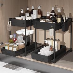 three tiered shelf with bottles and soaps on it