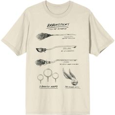 a white t - shirt with an illustration of brooms and other things on it