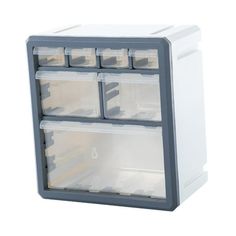 an open plastic storage box with four compartments on the front and two doors at the top