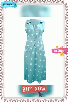 Fashion Women Sleeveless Summer Polka Dot Dress Beach Ladies V Neck Casual Midi Shirt Beach Sundress Casual Polka Dot Sundress For Summer, Polka Dot Sleeveless Beach Dress For Summer, Polka Dot Sleeveless Dress For Beach In Summer, Polka Dot Sleeveless Dress For Summer Beach, Polka Dot Sleeveless Sundress For Summer, Polka Dot Sleeveless Dress For Vacation, Sleeveless Polka Dot Dress For Vacation, Summer Beach Sleeveless Dress With Buttons, Polka Dot Summer Sundress For Beach