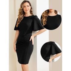 The formal bodycon dress featuring bell short sleeves brings you an elegant and smart look, making you look more capable and professional in the office. The round neck at the front and v-neck at the back are unique, giving you a charming and stylish look, which is perfect to show the women's feminine touch. Pair it with high heels and a handbag for an elegant and urban chic lady outfit. Formal Bodycon Dress, Lady Outfit, Bodycon Dress Formal, Chiffon Wrap, Wrap Midi Dress, Black Sheath Dress, Chiffon Long Sleeve, Urban Chic, Boho Women