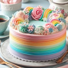 there is a cake decorated with rainbow icing